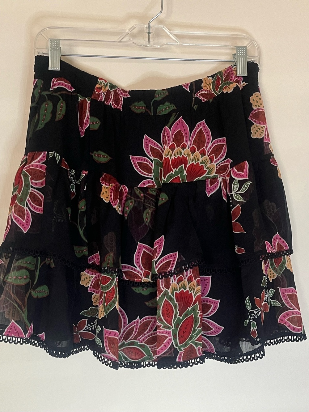 Chelsea & Violet Black Mini Skirt with Pink and Green Floral Print